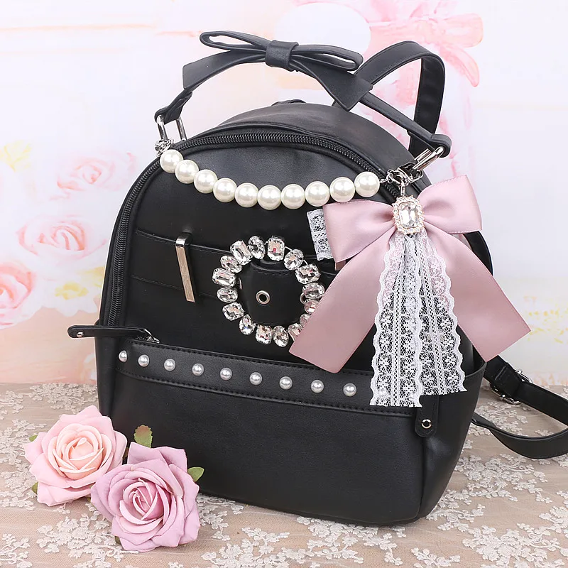 Handmade Japanese Style Lace Rhinestone Big Bow Stringed Pearls Handbag Pendant Sweet Cute Female Lace Bowknot Bag Charms