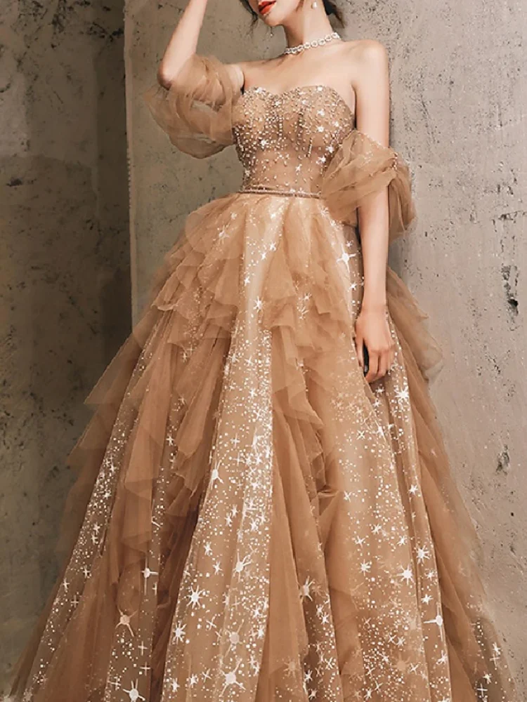 

A-Line Sparkle Formal Evening Dress Off Shoulder Short Sleeve Court Train Tulle with Beading Sequin Prom Party Gown