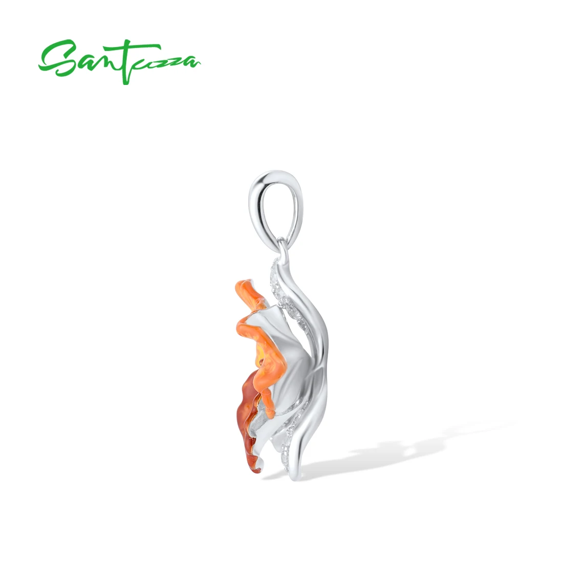 SANTUZZA Pure 925 Sterling Silver Pendant For Women Sparkling Orange Orchid Flower Trendy Party Gifts Fine Jewelry Enamel