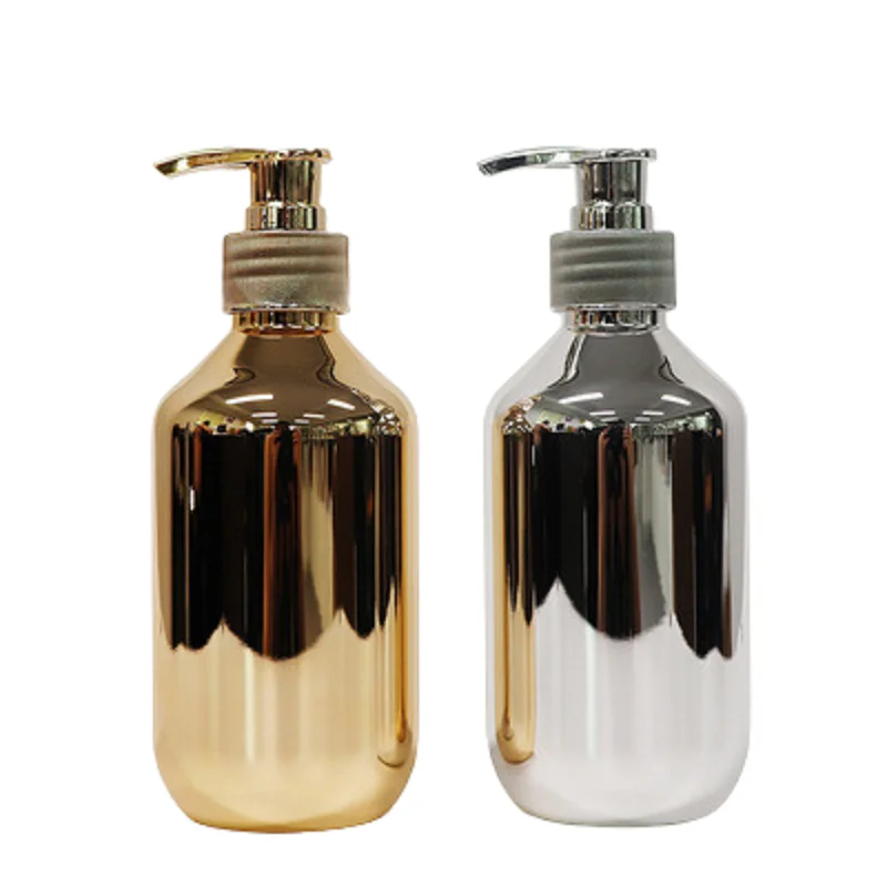 

Shampoo Bottle 300ML Empty Plastic Round Shoulder PET Silver Gold Refillable Packaging Container Lotion Pump Bottles 10Pcs