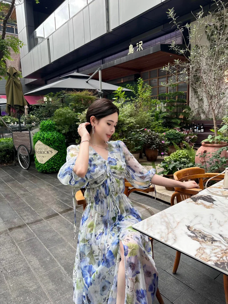 

Korean style fashion casual trend versatile daily age reducing slimming tie up lantern half sleeve long dress