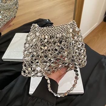 Designer Evening Bag Women Luxury Silver Gold Handbag Luxury Shiny Crystal Clutch Beading Woven Hollow Out Underarm Shoulder Bag