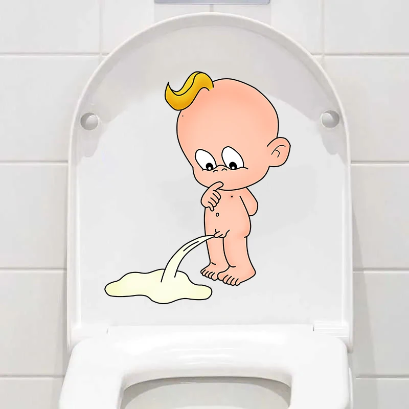 T195# Funny Toilet Stickers Cartoon Child Urination Toilet Lid WC Door Sticker Removable Self-Adhesive Decor Paper Household