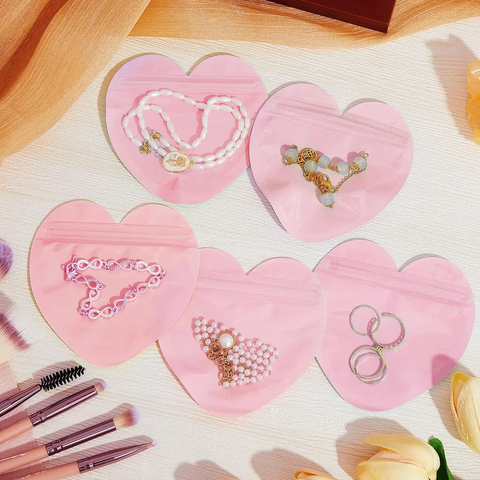 50-200pcs Pink Heart Shaped Packaging Bags Gift Bag Transparent Jewelry Resealable Bag For Valentine's Day Wedding Birthday Gift