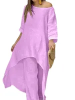 Ensemble pantalon Long en coton et lin pour femmes, mode solide, décontracté, hauts irréguliers, jambes larges, costumes de bureau, ensemble deux pièces, vêtements 5