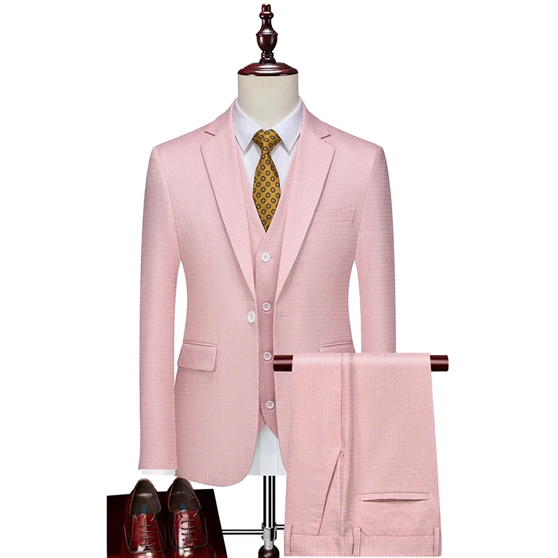 (Blazer+ Vest + Trousers)New men's jacquard sets three-piece wedding business banquet casual simple Slim fashion elegant suits