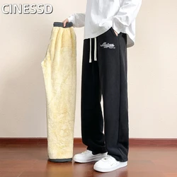 New Winter Fleece Outdoor Wide Leg Men Trousers Velvet Lining Sweatpants Neutral  Solid Color Baggy Thickened  Loose Cargo Pants