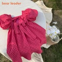 Bear Leader Rose Pink Plaid Bow Dress Elegant Lolita Child Big Girls Midi Dress Children Dresses Teens Party Princess Sundress 1