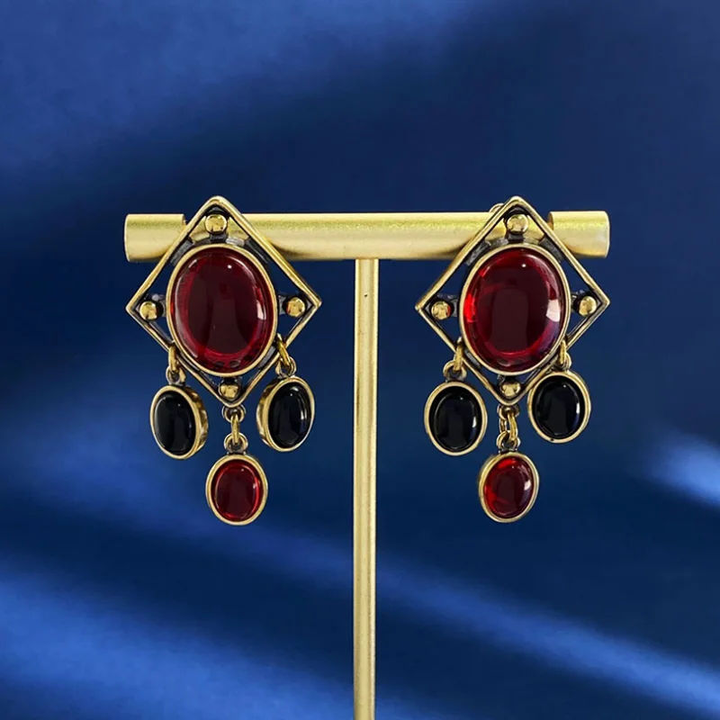 Donia Jewelry European and American Fashion Oval Gemstone Titanium Steel Long Silver Needle Luxury Tassel Earrings