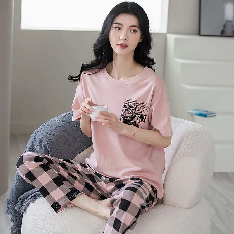 Summer Women's Pure Cotton Pajamas Round Neck Short Sleeve Pullover Pants Oversized Casual Home Clothing Set Cartoon Sleepwear