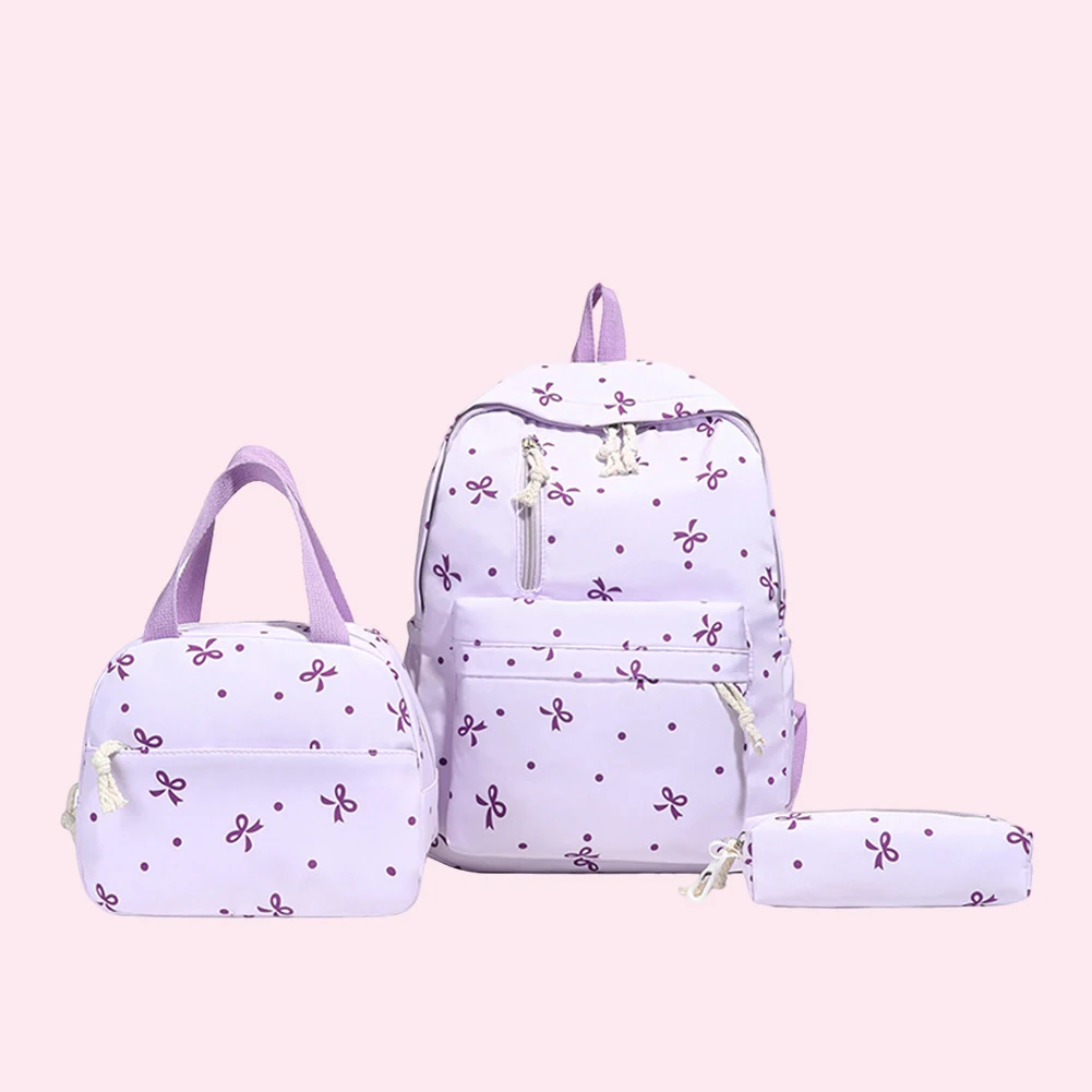 3Pcs/Set Bow Print Backpack with Handbag and Pencil Case Bookbag Aesthetic Daypack School Backpack for Teen Girls