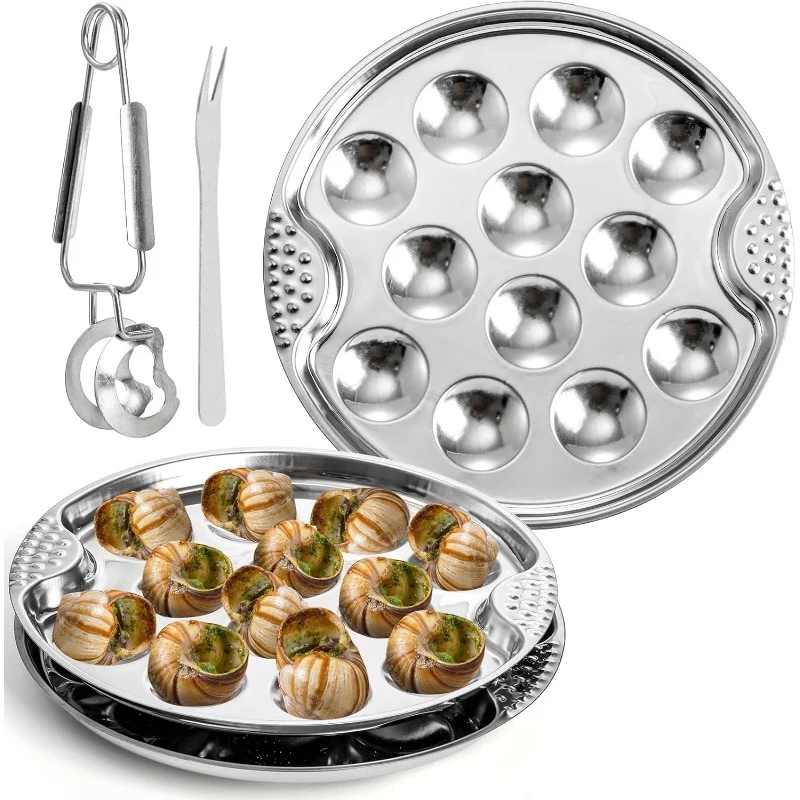 Stainless Steel Escargot Plates with 12 Compartment Holes with Escargot Tong Fork and 8 Slots Oyster Grill Pan Center Slot