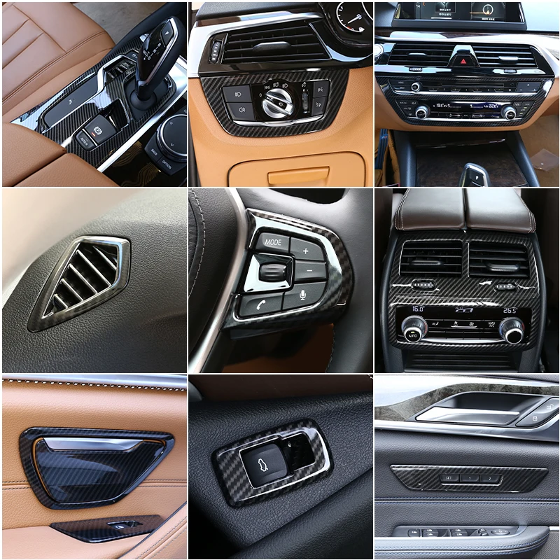 BMW 5 시리즈 G30 2018-2022 용, 스티어링 휠, 대시 보드, 콘솔 기어 시프터, 패널 스티커, 자동차 인테리어 탄소 섬유 트림 커버