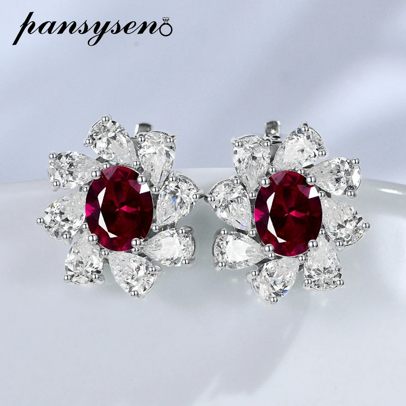 

PANSYSEN Vintage 925 Sterling Silver 2CT Oval Cut Ruby Sapphire Paraiba Tourmaline Gemstone Stud Earrings Fine Jewelry Wholesale