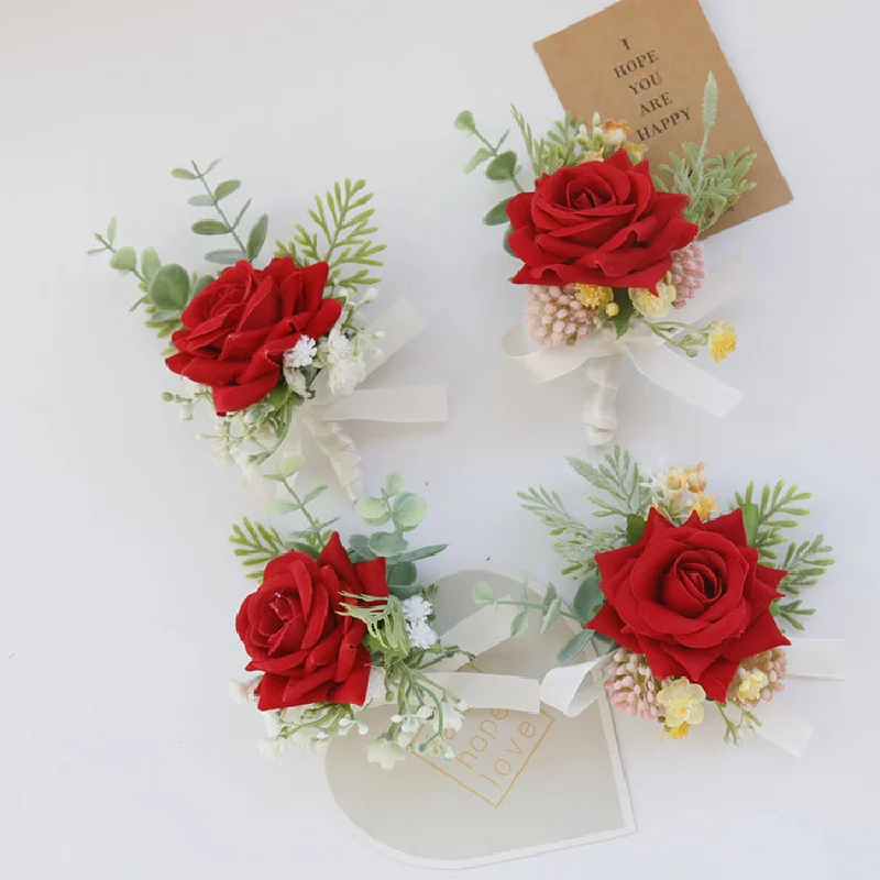 Boutonniere And Wrist Corsag Wedding Supplies Banquet Guests Simulated Flowers Bride and Groom Hand Flowers Red 520