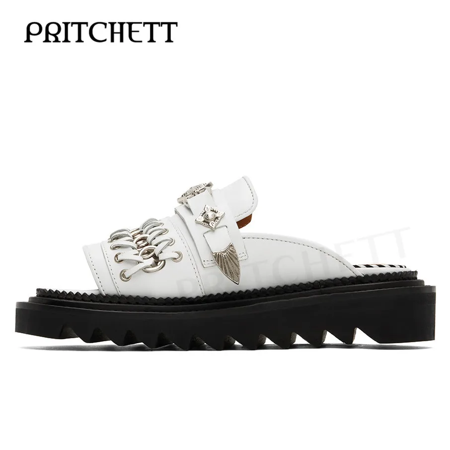 Retro Belt Buckle Open-Toe Slippers Black and White Round Toe Lace-Up Ring Platform Sandals Casual and Comfortable Women's Shoes