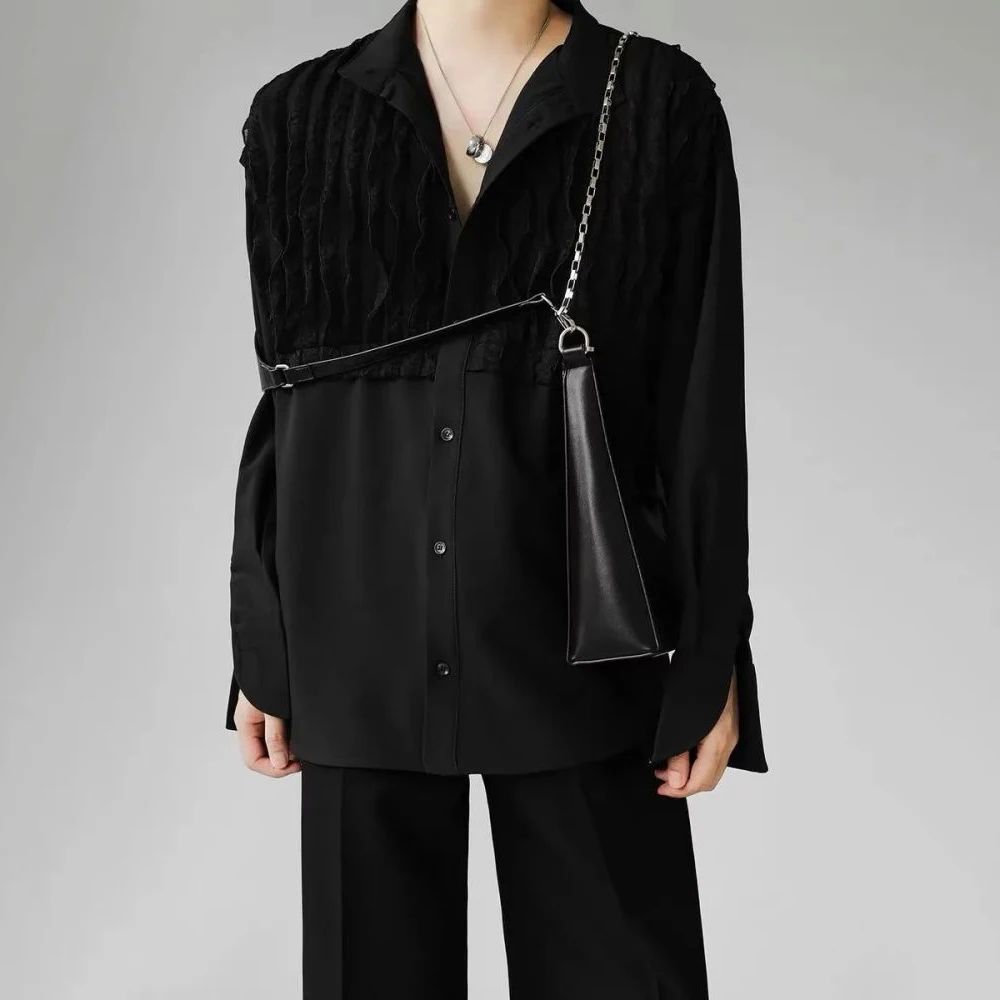 2024 Men Shirt Solid Color Lapel Long Sleeve Pleated Button Streetwear Casual Men Clothing Korean Fashion Shirts S-2XL