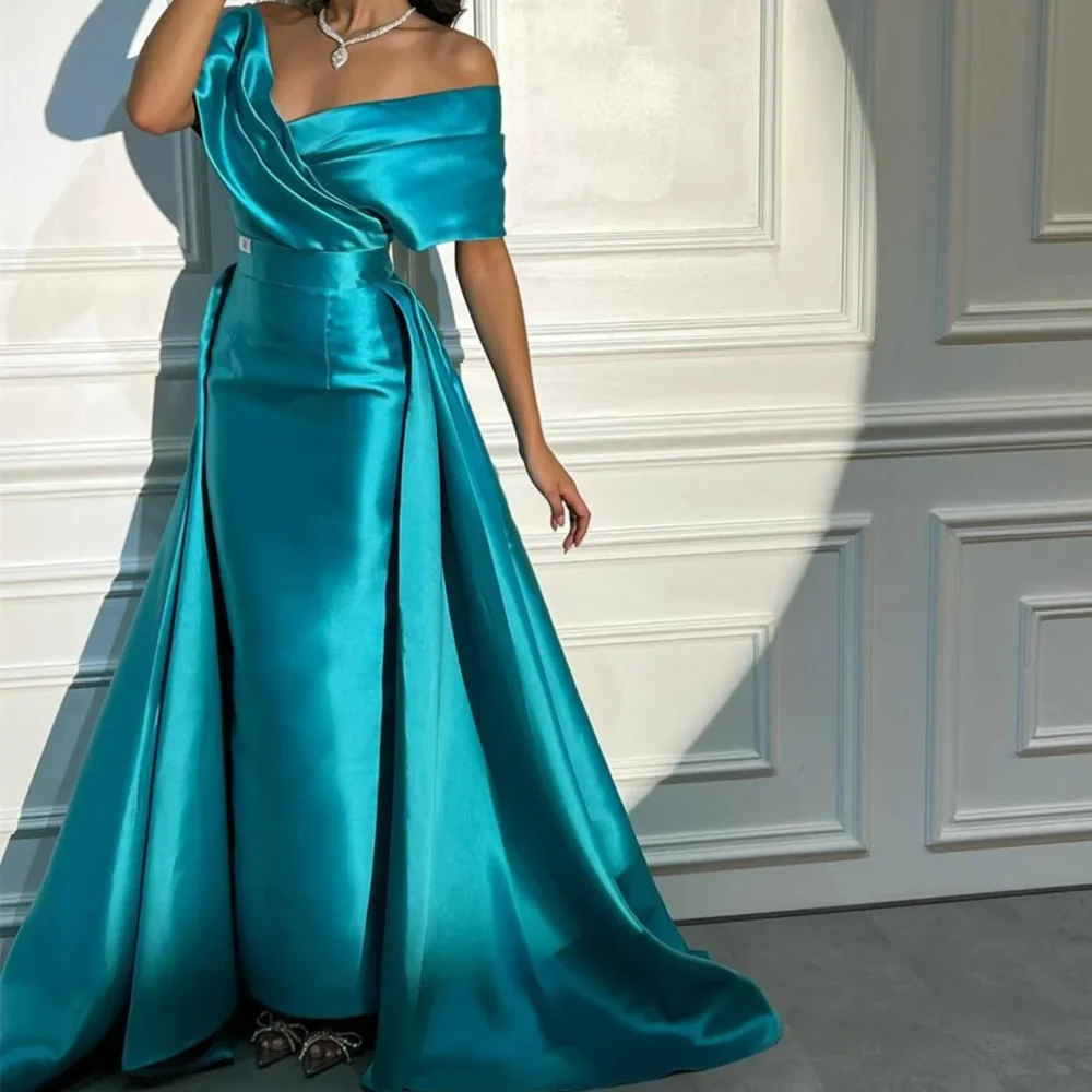 

Classy Long Off the Shoulder Satin Evening Dresses Short Sleeves A Line Sheath Ankle Length Sweep Train فساتين سهره