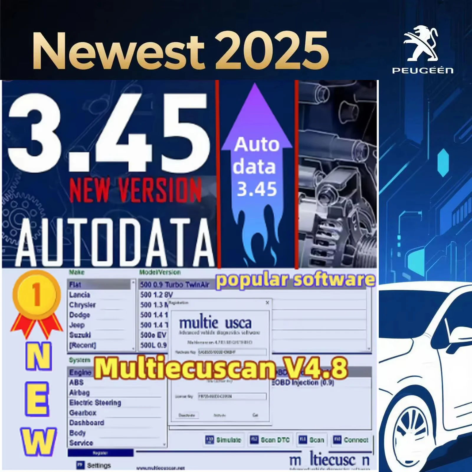 Multiecuscan V4.8 Auto Repair Software Update for Fiat Chrysler Dodge Jeep Suzuki with Autodata 3.45 - 2025 Hot Software