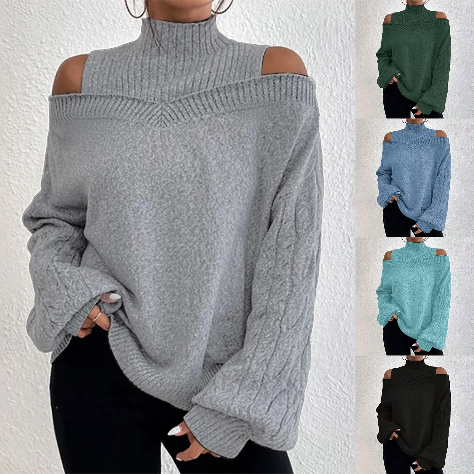 

Wool Blend Sweater Women Fall Winter Casual Solid Sleeve Turtleneck Off Shoulder Knit Sweaters Ladies Loose Pullovers Outwear