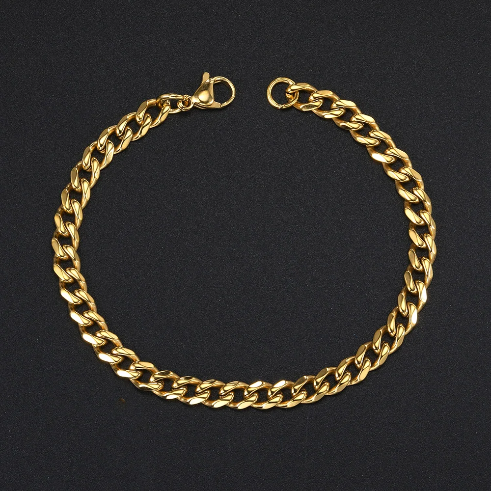 Hip Hop Chunky Miami Cuban Chain Bracelet For Men Simple Gold Color 5MM Stainless Steel Punk Hand Jewelry Gift KAH017