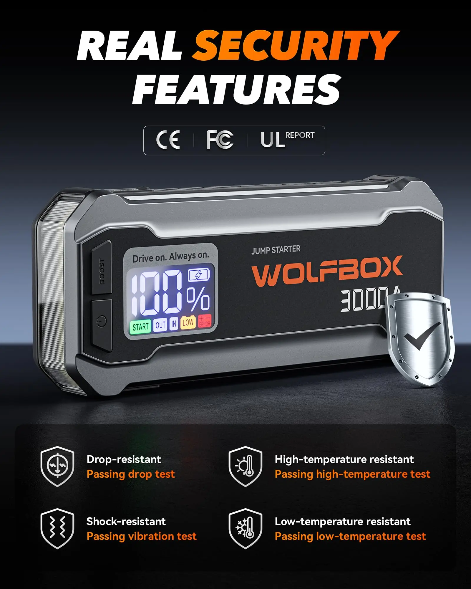 WOLFBOX 3000A 12V Car Battery Jump Starter 65W Quick Charge 16000mAh for 8L Gas 6L Diesel Engine with Booster