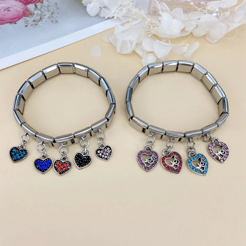 Daisy Heart Mom Color Rhinestone Italian Charm Bracelet With Charm Bracelet