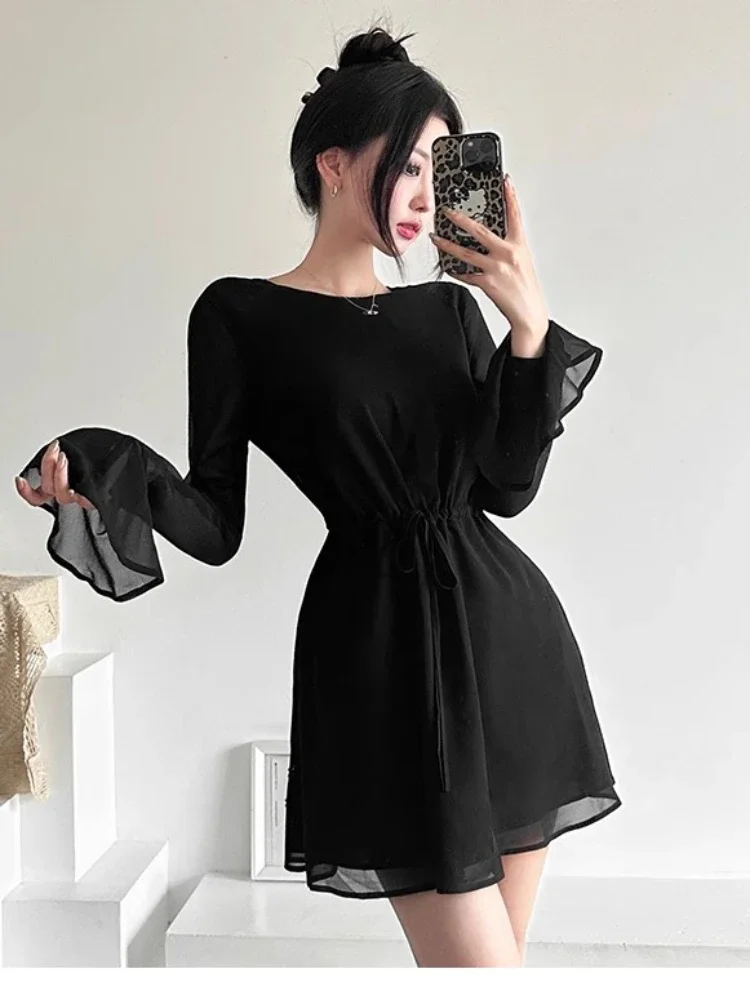 

QWEEK Sexy Backless Black Party Short Dresses Women Mesh Lace Up Flare Long Sleeve Mini Dress Wrap Slim 2024 Spring Fashion