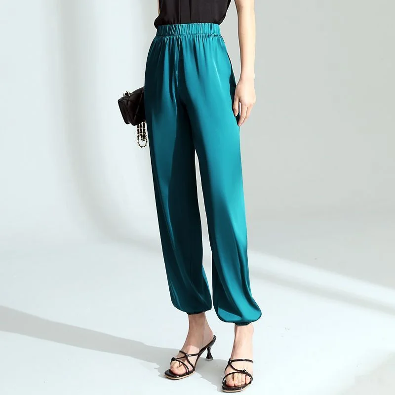 Ice Silk Triacetate Ankle Length Loose Pencil Pants Women 2025 Summer Thin Casual Harem Silk Pants Satin Pants Breathable