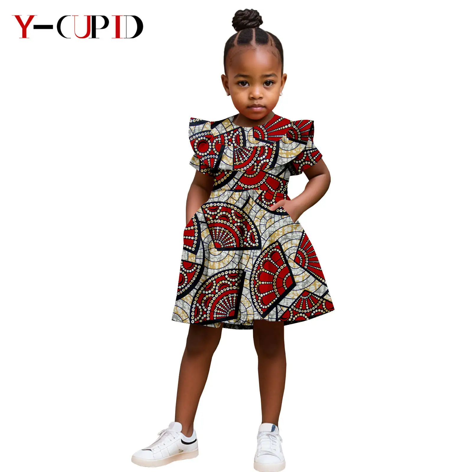 African Clothes Print Ruffles Dresses for Girls Dashiki Kid Ankara Outfits Bazin Riche Summer Cotton Children Outwear 2445002