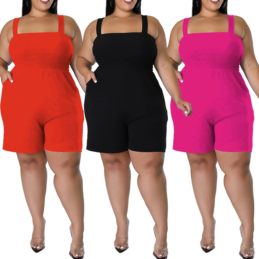 FS Plus Size Women Clothing Outfits Feminino Solid Color Pleated Pocket Shorts Summer Womens Large Size Jumpsuits 2022 Fashion