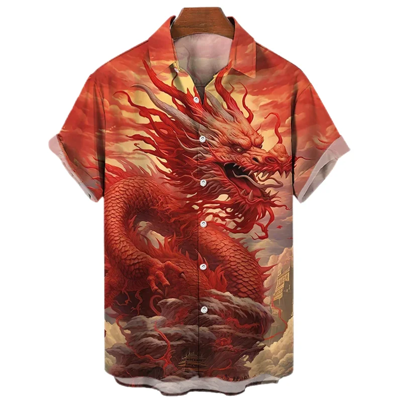 

2024 Happy New Year 3D Printed Blouses For Men Clothes Ethnic Chinese Short Sleeve Goth Red Dragon Graphic Shirts Boy Gift Tops