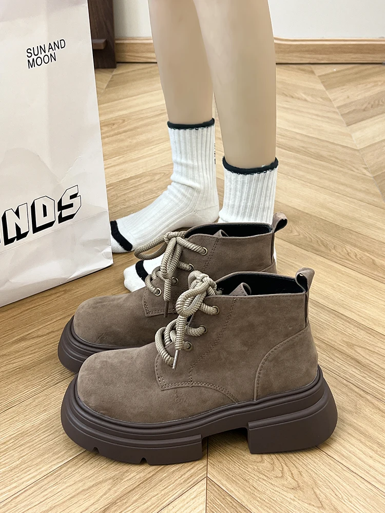 

Shoes Women's Boots Autumn Boots-Women Round Toe Lace Up Med Lolita Rock 2023 Rubber Leather Ladies Ankle Cross-tied Microfiber