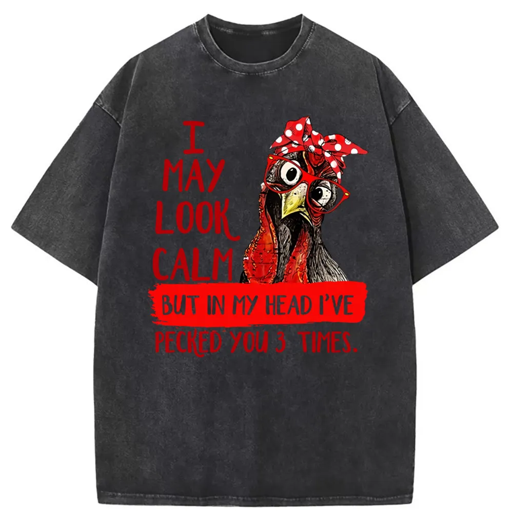 

May Look Calm Man T-shirts Pecked You 3 Times Funny Long Sleeve Tee Shirt Men Vintage Printed Retro Washed Cotton Sweatshirts