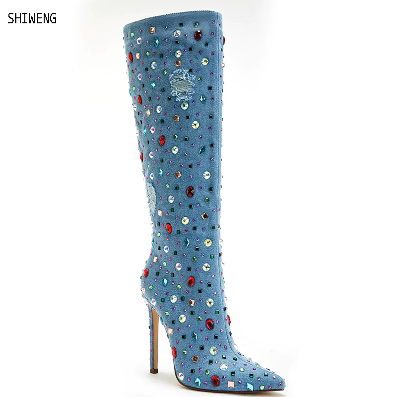 

2023 Autumn Winter Women Knee High Boots Pointed Toe Diamond Sexy Booties Fashion High Heels Jeans Boots 44