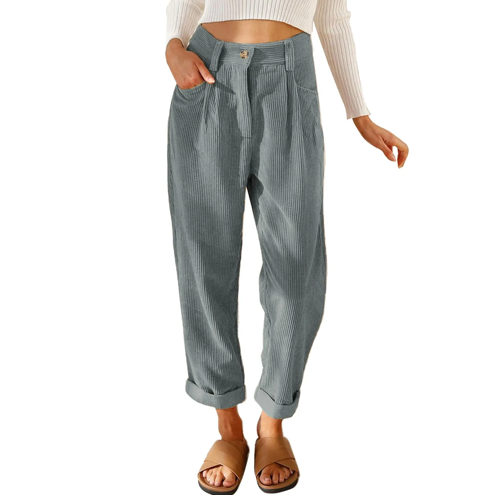 

Casual Solid Corduroy Ankle-length Pants Womens High Waist Casual Loose Straight Leg Pants Female Cropped Trousers Streetwear