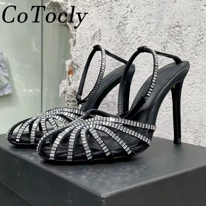 

Rhinestone Sandals Woman Narrow Band Hollow Outs Wedding Shoes Women Summer Sandalias High Heel Crystal Gladiator Sandals Women