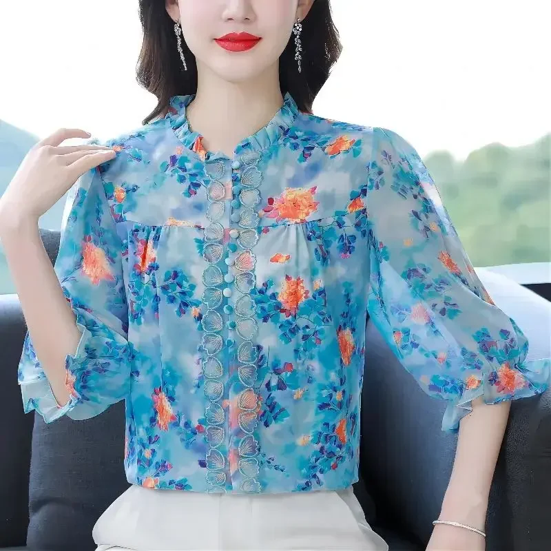 

New Summer Korean Printing Half Height Collar Half Sleeve Blouse Ladies Temperament Buttons Ruffles Pullover Women Shirts Z596
