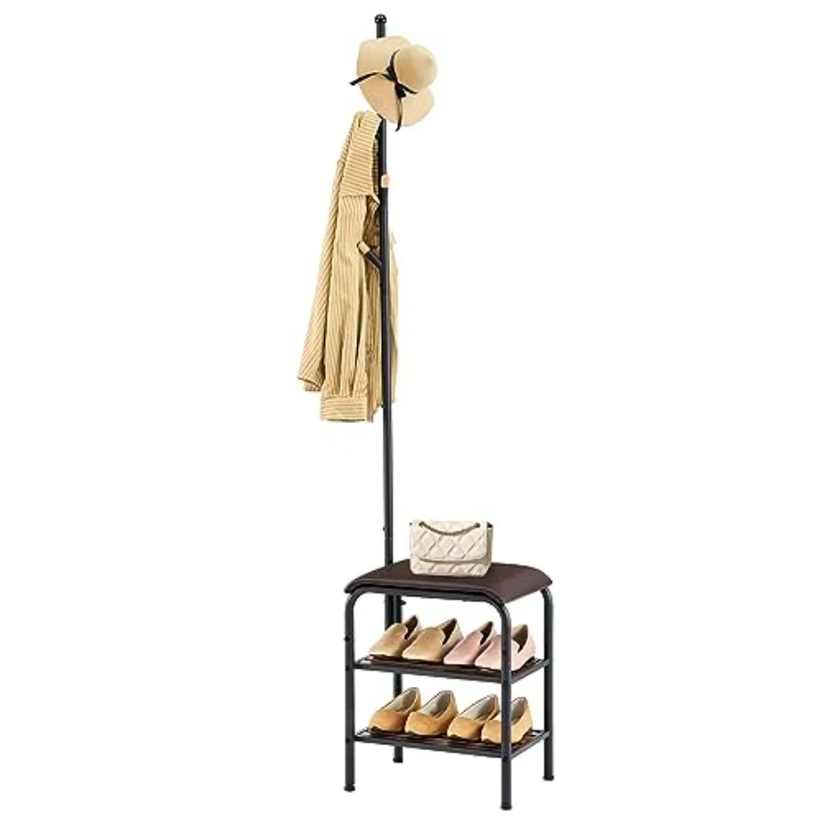 Coat Rack Stand Shoe Bench - 3 in 1 Coat Hall Tree with Shoe Storage With Benches Small Metal Shoes Shelf for Entryway Living R