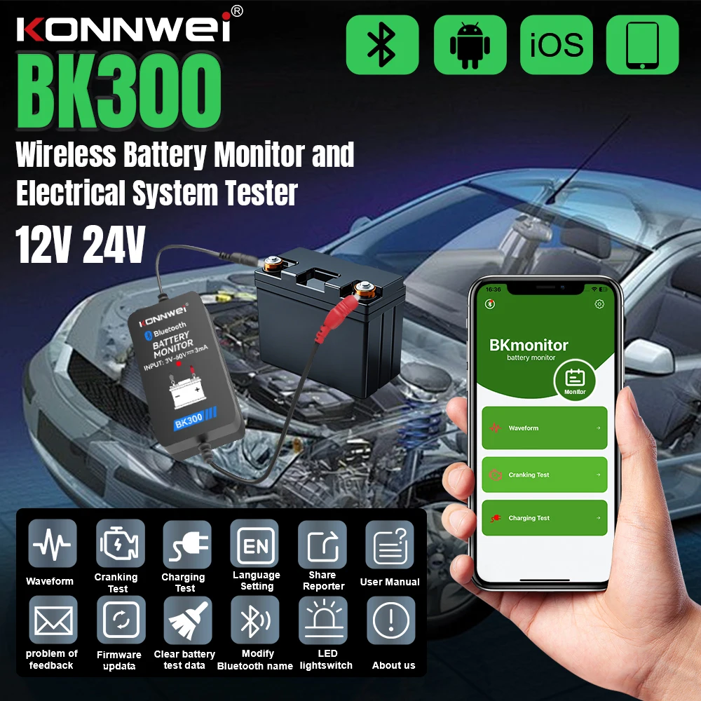 KONNWEI BK300 Lead Acid Starting Car Battery Detector 12V 24V Capacity Resistance Bluetooth 5.2 Automotive Battery Monitor Tool
