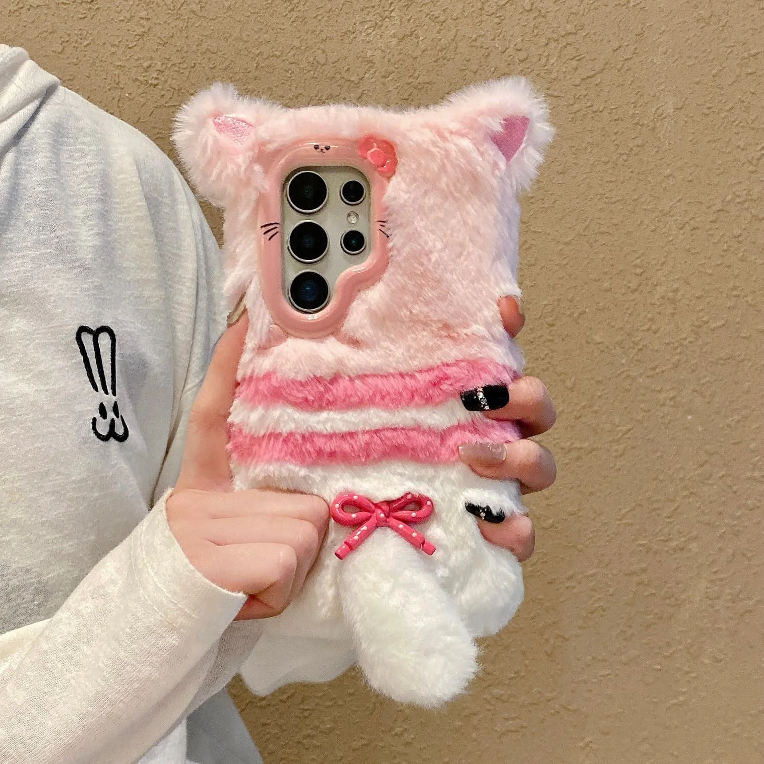 3D Furry Bowknot Kitty Cat Winter Warm Fluffy Soft Fur Case