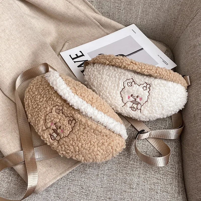 

Cute Bear Embroidered Plush Waist Bag Women Winter Soft Warm Belt Fanny Pack Bum Bag Female Outdoor Sport Crossbody Chest Purse