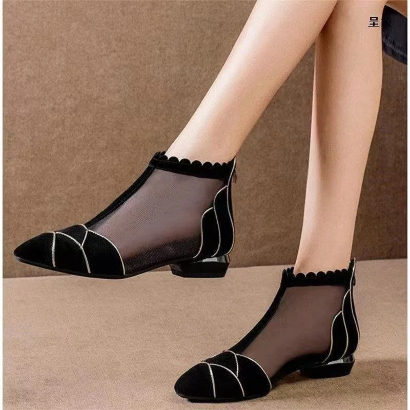 Mesh Boots Women's 2024 Spring and Summer New Low-heeled Thick-heeled Sandals High-heeled Hollow Shoes 35-40 Large Size Zipper