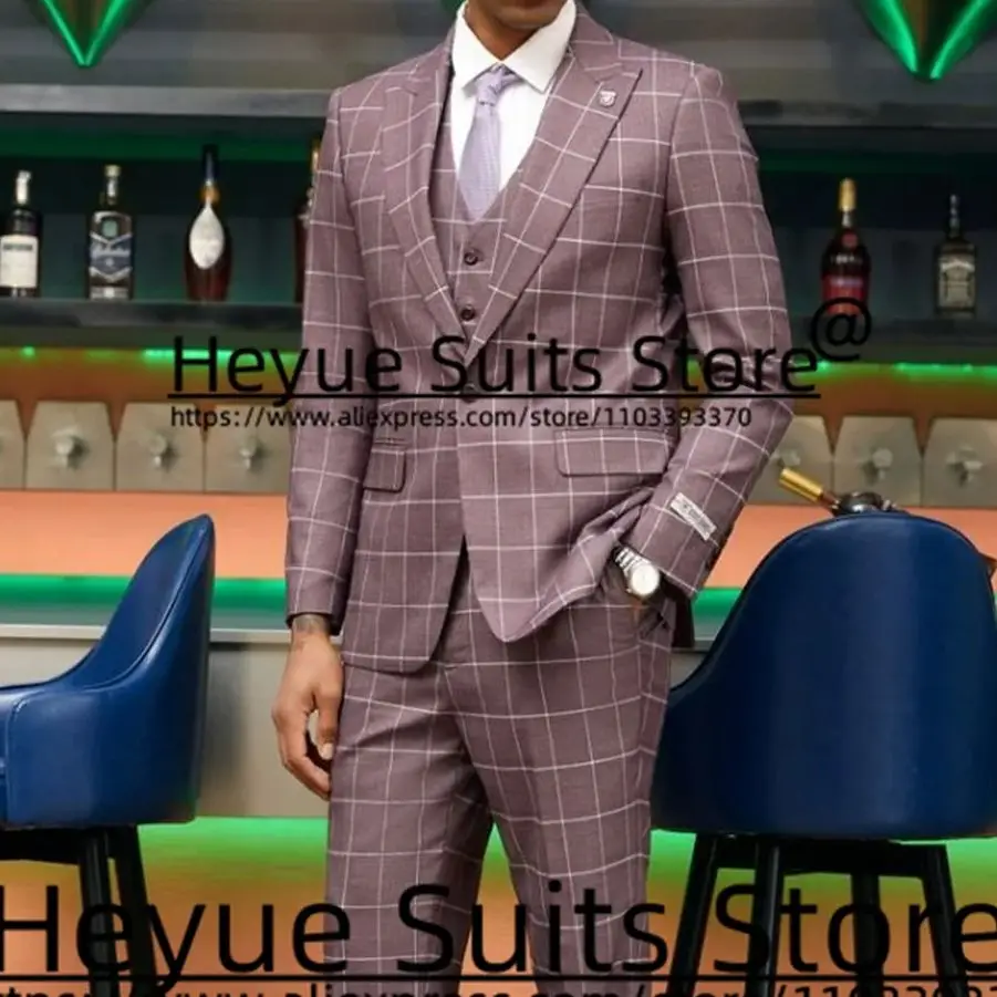Handsome Plaid Wedding Suits For Men Slim Fit Peak Lapel Groom Formal Tuxedos 3PCS Sets Business Male Blazers trajes para hombre