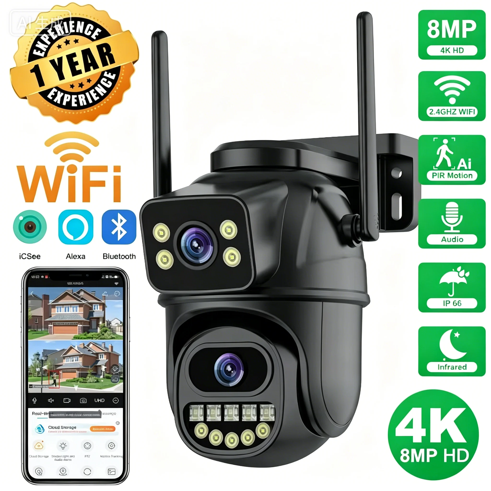 4K 8MP HD Wifi PTZ Camera Outdoor 4MP Dual Lens Dual Screen AI Auto Tracking IP Camera CCTV Audio Video Surveillance P2P iCSee 1