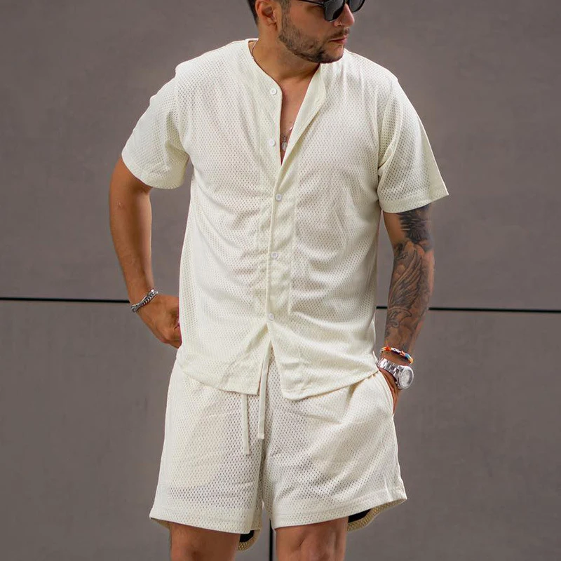 

Men 2023 Pockets Two Piece Outfit Summer Men's Knit Suit Fashion Solid Short Sleeve O Neck Button T Shirt&Drawstring Shorts