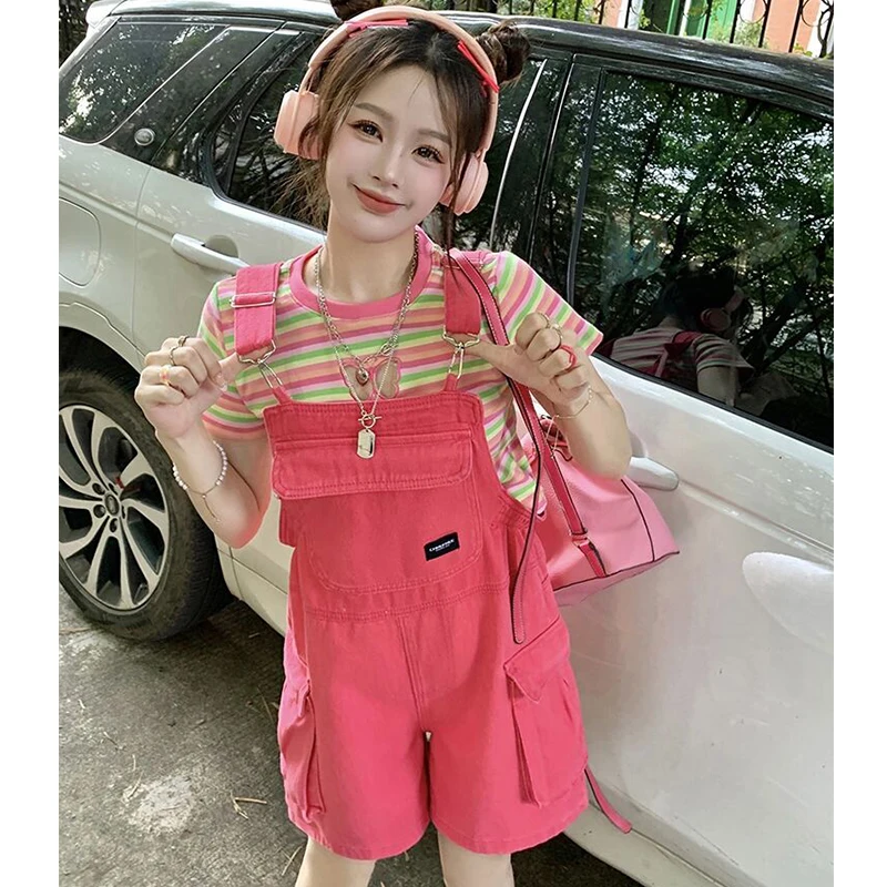 

Solid Color Denim Suspender Shorts Women Summer Clothes Korean Version of Loose Sweet Students All-match Pockets Pants