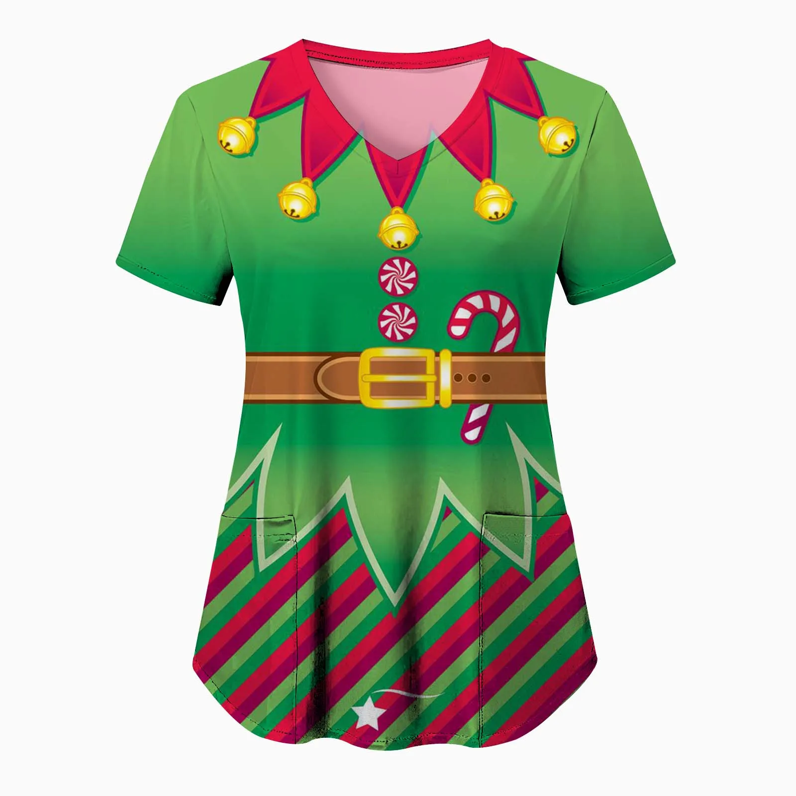 

Christmas Scrubs Medical Uniforms Workwear Women Casual V Neck Short Sleeve Tops Blouse Santa Printed Working Nursing Uniform