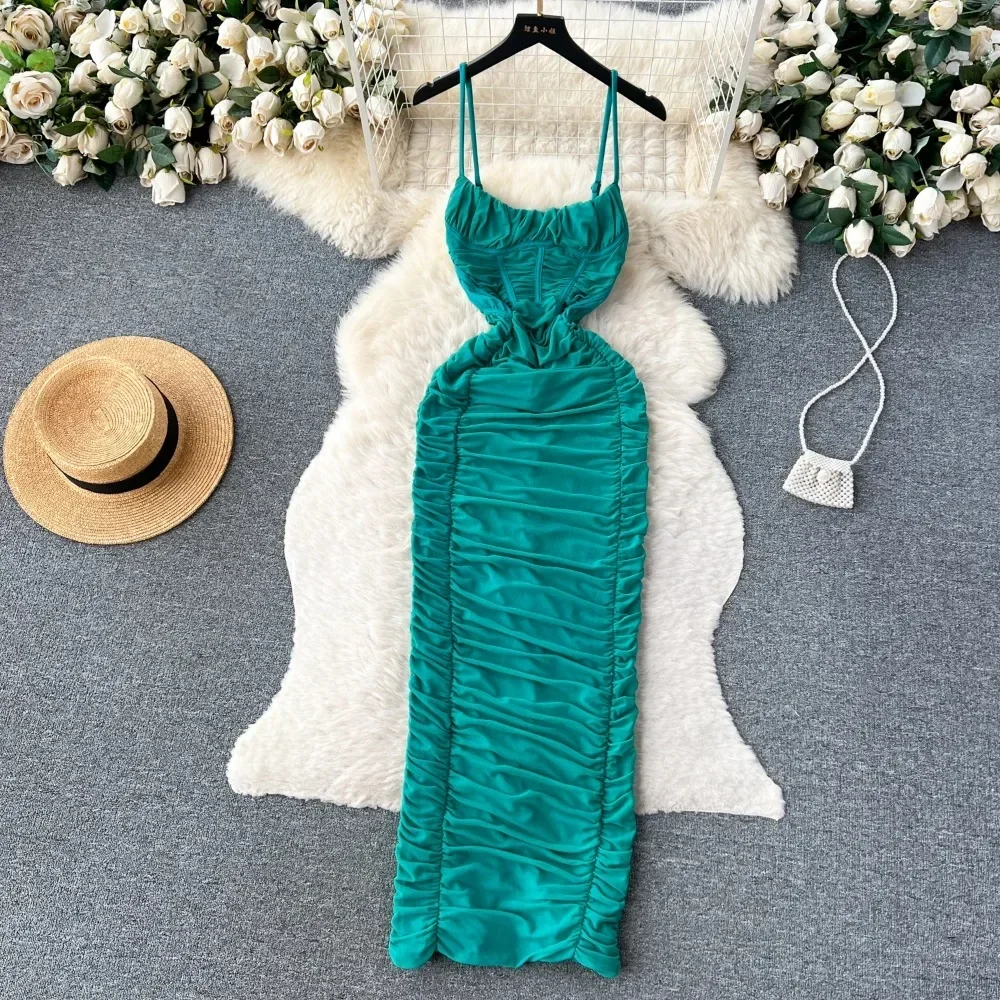 Sexy Bareback Pieghettato Slip Dress Chic Evening Party Club Dress Donna Goth Slim Hotsweet Pencil Vestidos