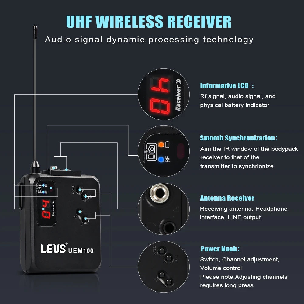 LEUS UEM100 UHF Mono Single Channel Wireless In-Ear Monitor System 100m Transmission Distance for DJ Stage Performance Studio